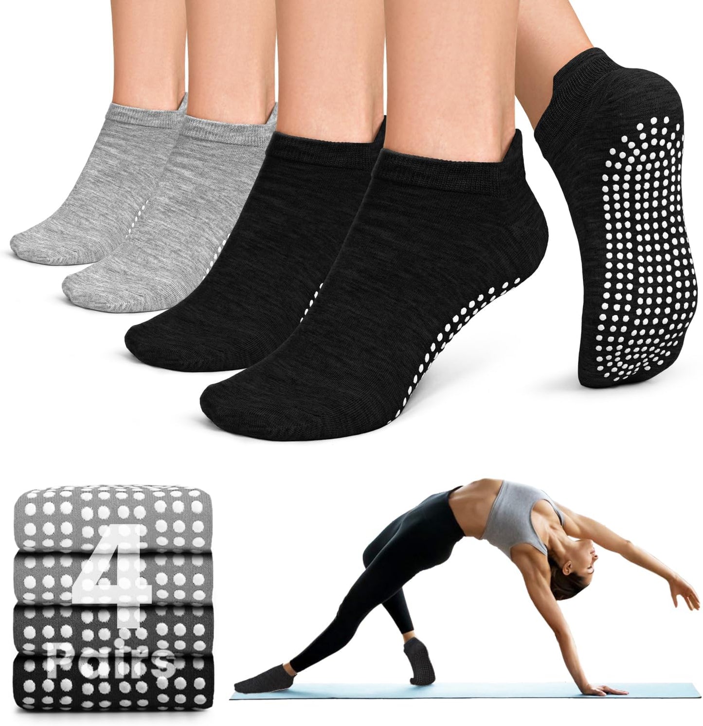 yeuG Pilates Socks for Women Non Slip Grip Socks for Yoga, Barre, Hospital, Barefoot Grippy Yoga Sock Womens Gifts 4 Pairs