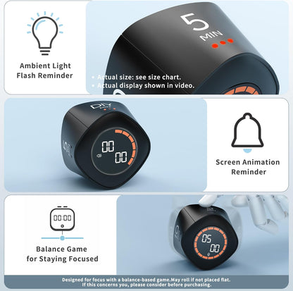 VEWINGL Cube Productivity Timer, 5/10/30/60 Min Presets + Custom Countdown, Silent/Vibrate/Sound Alarm, Pause & Resume, Desk Timer for Work, Study, Tasks, Kitchen