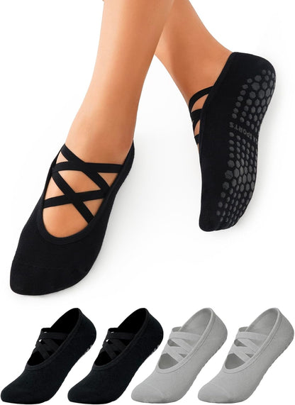 Womens 4 Pairs Pilates Socks with Grips Non Slip Grip Yoga Socks for Barre, Dance, Barefoot, Workout
