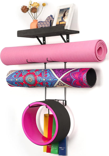 Bikoney Yoga Mat Holder Wall Mount Yoga Mat Storage Home Gym Accessories with Wood Floating Shelves and 4 Hooks for Hanging Foam Roller and Resistance Bands Fitness Home Gym Carbonized Black