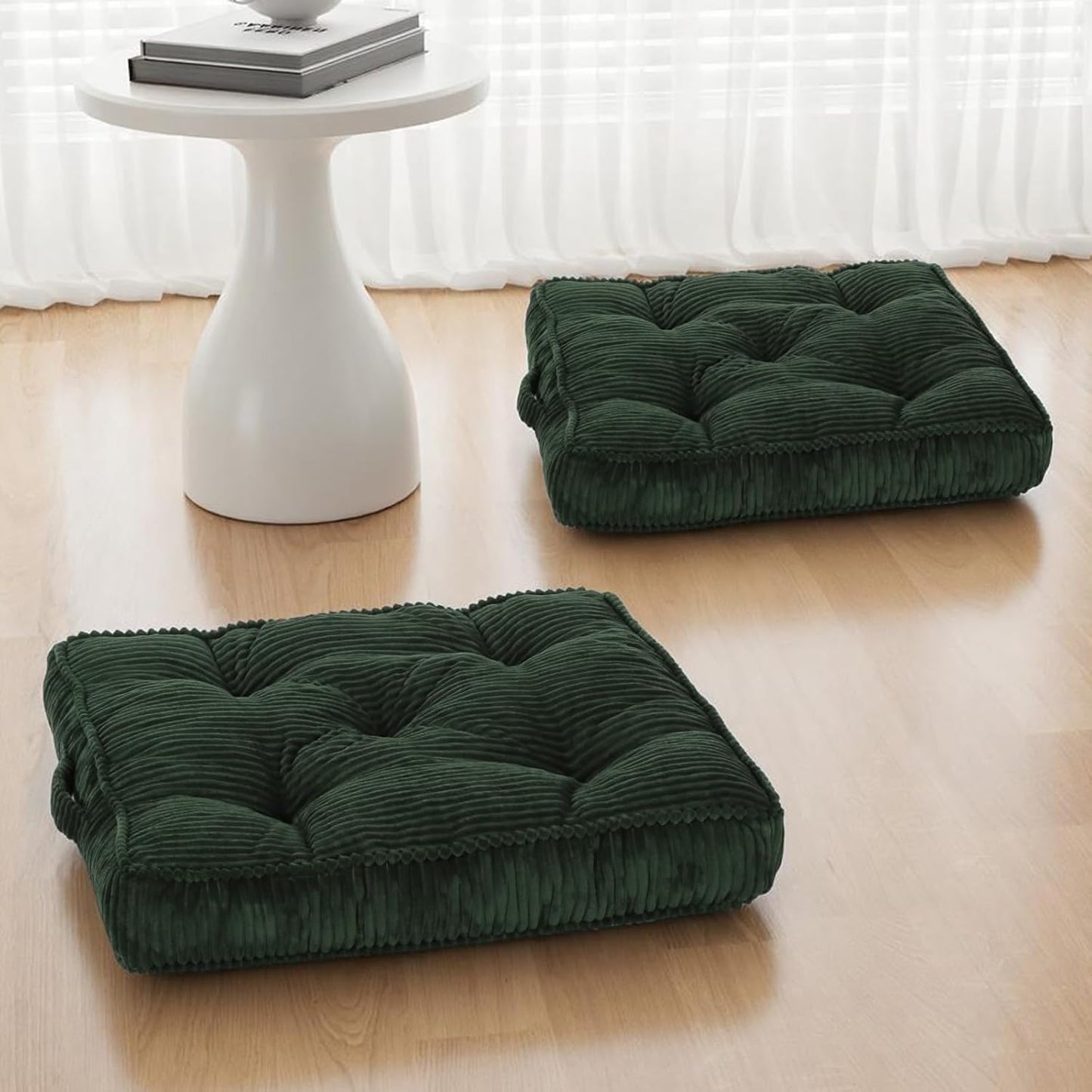 Meditation Floor Cushion, 22x22 Tufted Floor Pillow for Adults, Square Large Meditation Cushion Pillow, Green Corduroy Sitting with Handle, Yoga Seating for Tatami, 1Pack