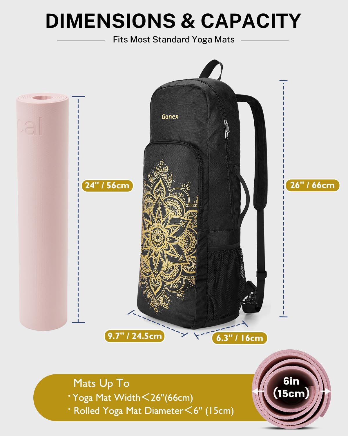 Gonex Yoga Mat Bag, 2 Carry Ways Yoga Backpack with Wet Compartment Metal Zippers for Women Men, Large Capacity Yoga Mat Carrier for Yoga, Gym, Travel