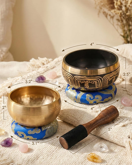 2-Pack Tibetan Singing Bowls Set - 100% Handmade in Nepal, Sound Bowl Meditation Set for Yoga, Chakra Healing, Meditation Gifts, Unique Gifts for Women