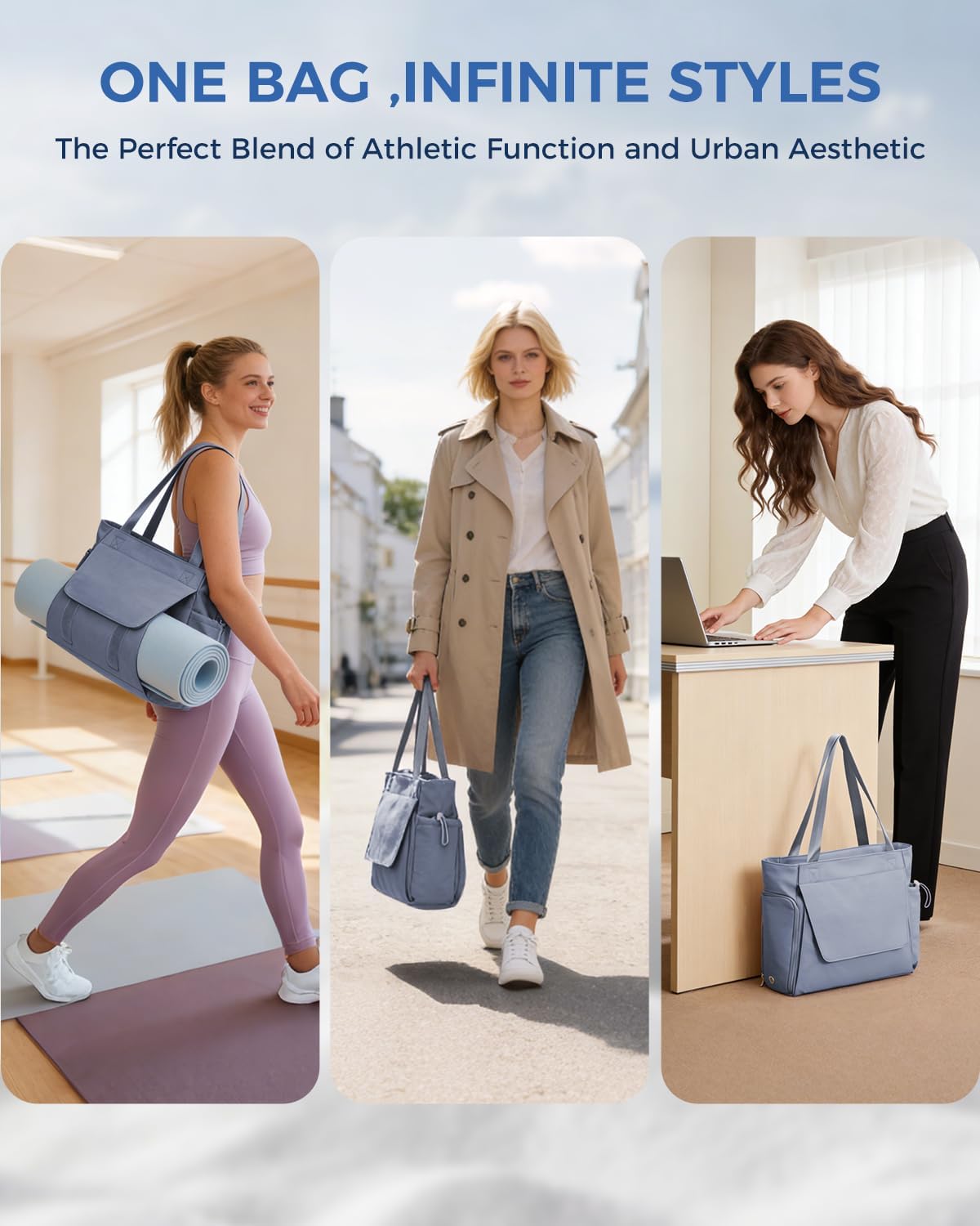 sportsnew Gym Bag for Women, 19L Yoga Mat Bag with Shoe Compartment & Wet Dry Pocket, Gym Tote Bag with Hook-and-loop Yoga Mat Holder, Quick Access Storage, for Workout Travel Pilates Dance
