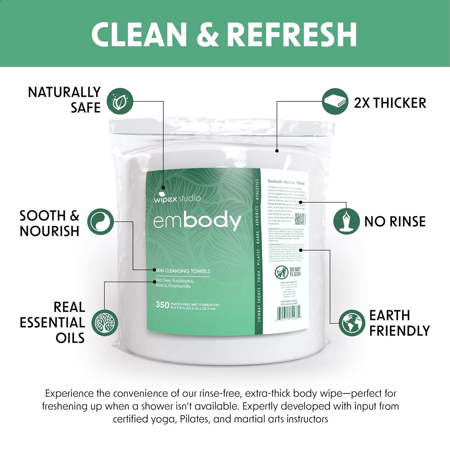 Wipex Embody Body Wipes - Large Plant-Based Cloth with Tea Tree Oil for Quick Clean Up, Ideal for Athletes, Yoga, Gym, Wrestling, Team Sports & Adults, Fitness Equipment Cleaner, 225 Count