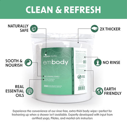 Wipex Embody Body Wipes - Large Plant-Based Cloth with Tea Tree Oil for Quick Clean Up, Ideal for Athletes, Yoga, Gym, Wrestling, Team Sports & Adults, Fitness Equipment Cleaner, 225 Count