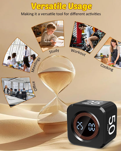 Digital Pomodoro Timer Cube 5/10/25/50min, Visual Productivity Flip Timer for Kids Classroom Desk, Custom Countdown, Silent and Sound Mode for ADHD Study Work Game Kitchen (Black)