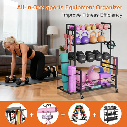 Dumbbell Rack, Adjustable Weight Rack for Home Gym Storage with 4 Wheels, Side Basket, Hooks, Multipurpose Metal Dumbbell Stand for Kettlebells, Yoga Gear, Strength Training Equipment, Black