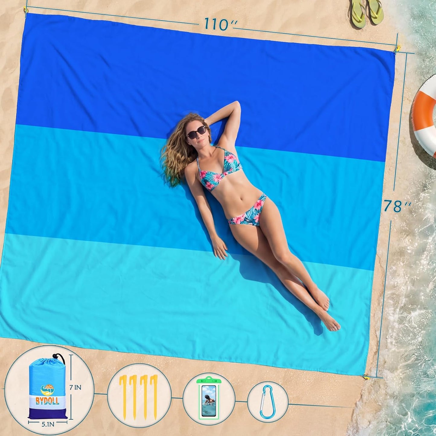 BYDOLL Beach Blanket Waterproof Sandproof Large Sand Free,78''X81''/10'X9' Oversized Sandless Lightweight Blanket Picnic Mat for Beach Travel Camping Hiking with Stakes