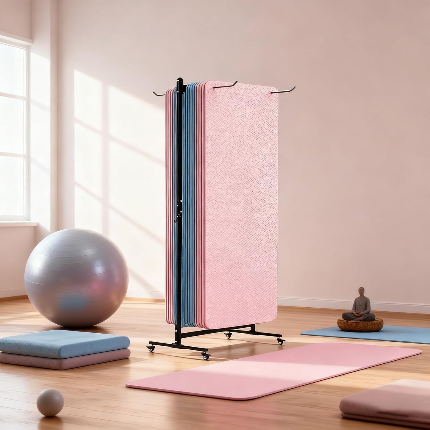 Yoga Mat Holder Hanging, Floor Rolling Yoga Mat cart, Large Capacity Storage Rack, with Includes hole punch, Metal square tube storage shelf for Home Gym, Fitness Club,Yoga Studio (Black)