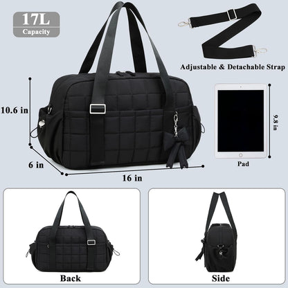 CAMTOP Mini Gym Bag for Women, Small Gym Tote Bag Puffy Quilted Sports Duffel Bag with Wet Compartment and Coin Purse Duffel Bags Dance Yoga Workout Bag for Gifts (All Black, Mini-12.6")