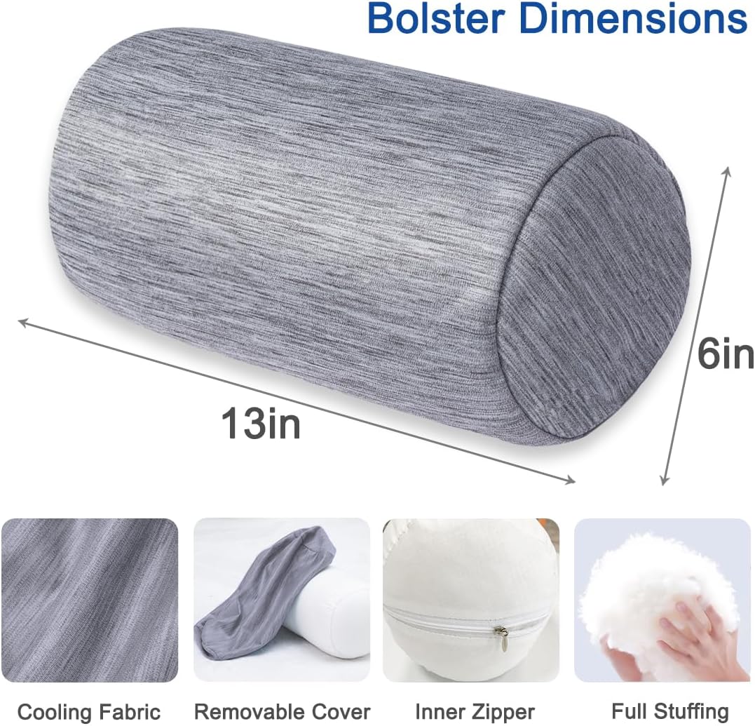 1 MIDDLE ONE Round Cylinder Bolster Pillow with Removable Velvet Cover, Tube Roll Cervical Pillow for Head, Neck, Back and Legs Support, 13" x 6", Grey