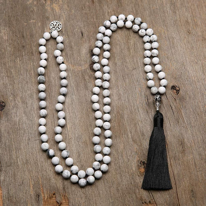 108 Mala Beads Necklace Semi-Precious Gem Stones Meditation Necklace 108 Hand Knotted Japa Mala Beaded Tassel Necklace with Tree of Life Pendant