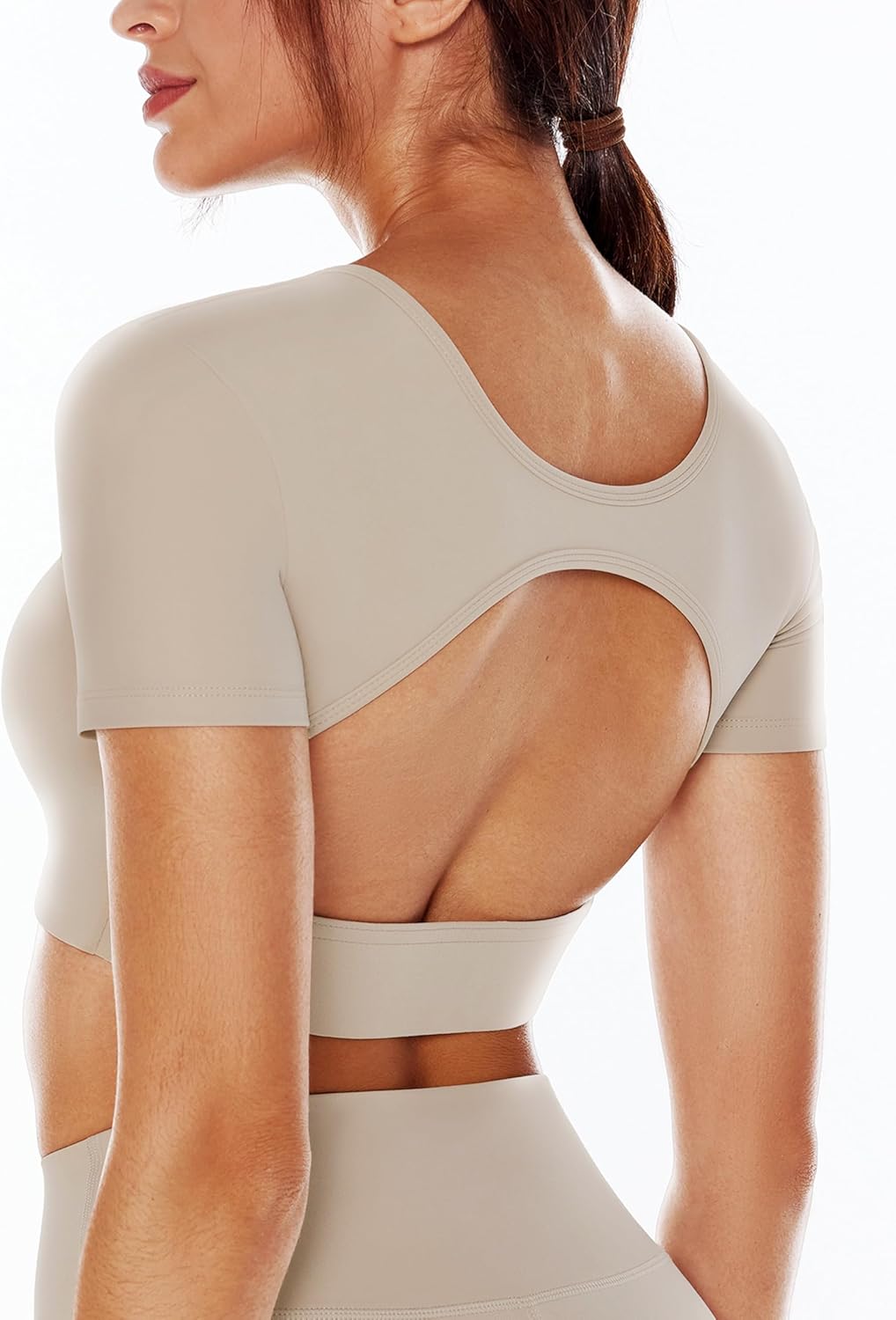 ENERBLOOM Open Back Workout Crop Tops for Women Backless Yoga Shirts Gym Short Sleeve Mild Support Compression Tee with Bra