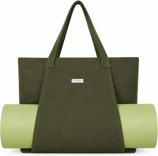Yoga Mat Bag for Women, 100% Cotton Canvas Tote with Wet/Dry Pocket, Bottle Holder and Inner Zipper Pocket, 25L Carrier for Pilates and Travel