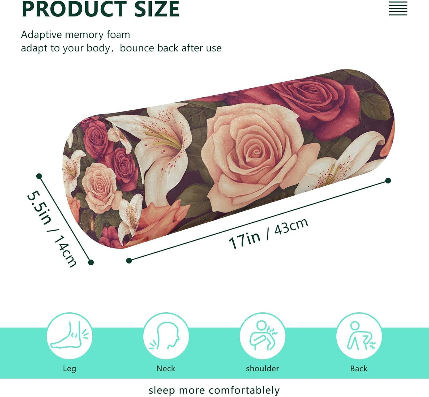 c Neck Roll Pillow Bolster Round Health Memory Foam Long Cervical Cylinder Pillows with Removable Washable Cover for Body Bed Legs Back Yoga - Colors B