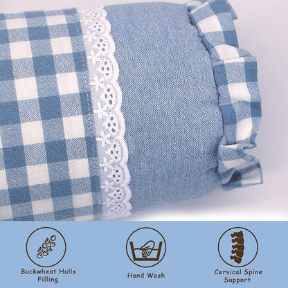 Buckwheat Hull Neck Roll Pillow -15.7" x4.7” Adjustable Firmness Cervical Support for Sleep & Yoga, Cooling Floral Cotton Cover, Ergonomic Bolster Pillow, Blue