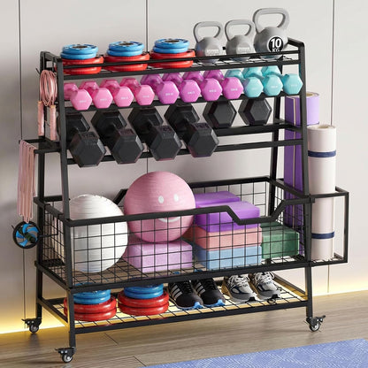 Dual-Sided Dumbbell Rack with Hooks & Wheels, Adjustable Home Gym Storage Rack for Dumbbells, Kettlebells, Balls, Yoga Mats, Ab Roller, Weight Rack Organizer for Workout Equipment