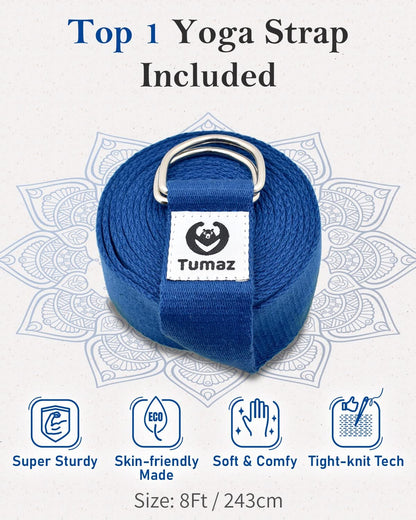 Tumaz Yoga Bolster Set - Rectangular Bolster Pillow for Restorative Yoga, Soft Meditation Pillow with Carry Handle and 8-Feet Strap, Machine Washable Cover