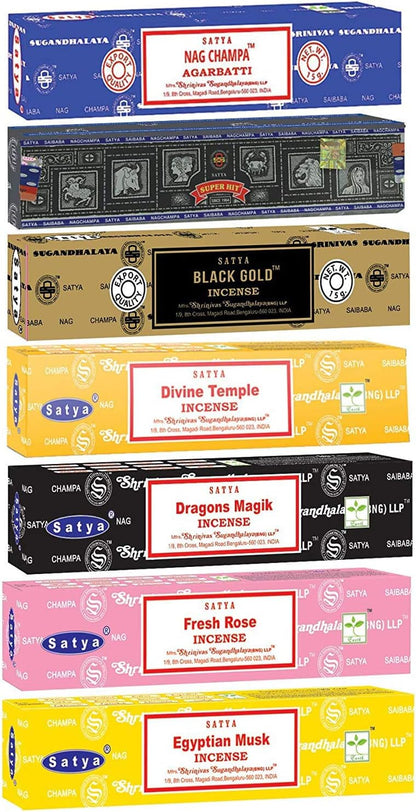 Satya Incense Gift Set Nag Champa, Super hit, Dragon's Blood, Sandalwood, Patchouli, Lavender, Positive Vibes, 15 g