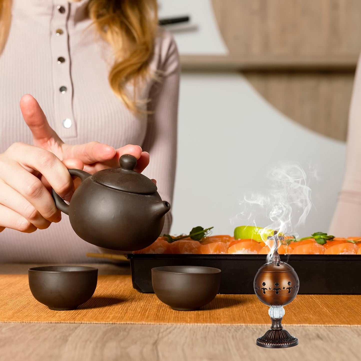 Zonon 1 Set Incense Burner with Tong, Frankincense Charcoal Incense Stand Holder, Ideal for Yoga, Spa, Aromatherapy, Home and Christian Church Censer (Gold,Retro)