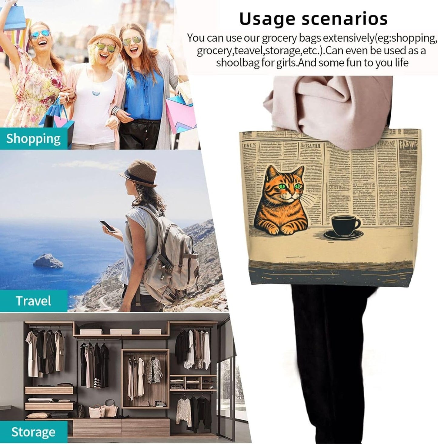 Tote Shoulder Bag Large Durable Reusable Eco-friendly Handbag Lightweight Stylish for Daily Use-19.7x15.7x5.9 Inch - Colors A
