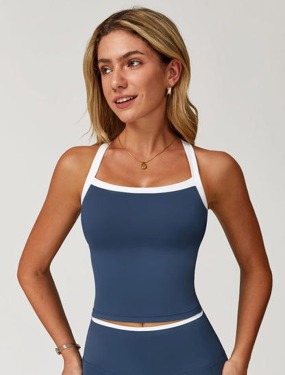 QBGJTD Womens Longline Sports Bras Cross Back Active Gym Yoga Padded Workout Crop Tank Top with Built in Bra