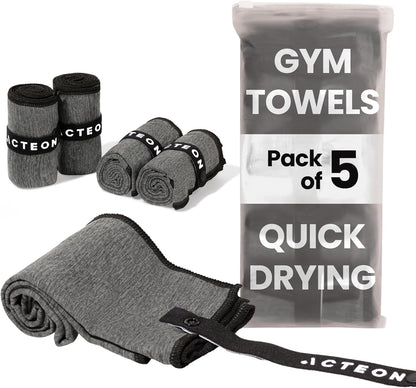 Acteon Microfiber Gym Towels 5 Pack, Quick Dry Silver ION Odor-Free Sweat Towel, Super Absorbent Fast Drying for Men & Women, Workout, Yoga, Running, Hiking, Travel – 16x30.5 Inch