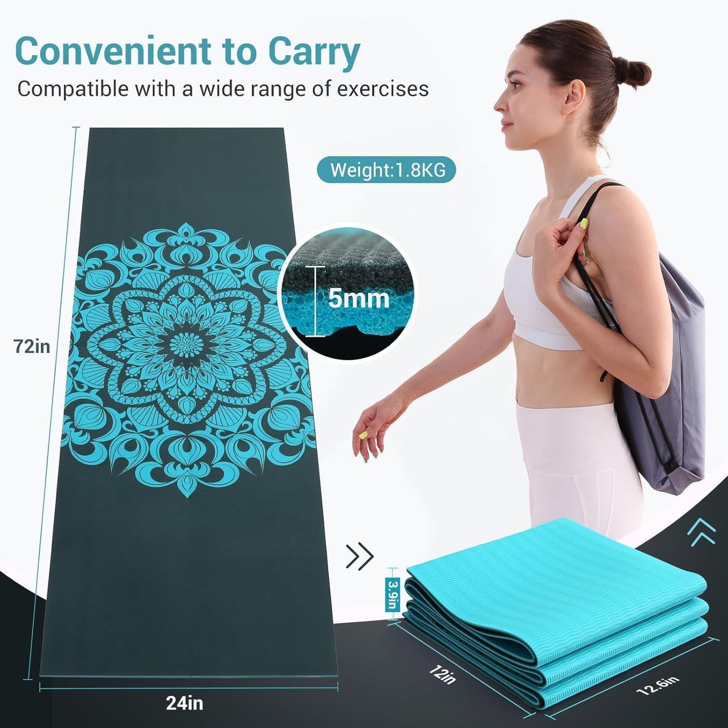 Avoalre Folding Yoga Mat, Eco-Friendly PVC Travel Yoga Mat Packable, Double Sided Non-Slip Printed Yoga Mats with Bag for Home Workout Gym Exercise Fitness Pilates Stretching (72" x 24" x 1/5" Thick)
