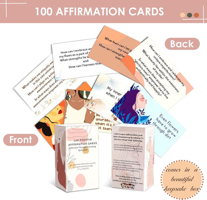 100 Affirmation Cards for Women and Men With 150+ Thought-Provoking Questions, Unique Affirmation cards for stress Relief, Meditation and Self Care Gift For Women and Men.