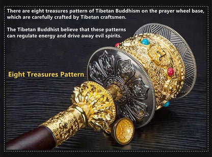 Copper Large Hand Held Prayer Wheel with Tibetan Buddhist Six-Character Truth Premium Buddha Scriptures, Wooden Handle Prayer Wheel for Praying, Blessing, Meditation, Healing, Relaxing, Yoga