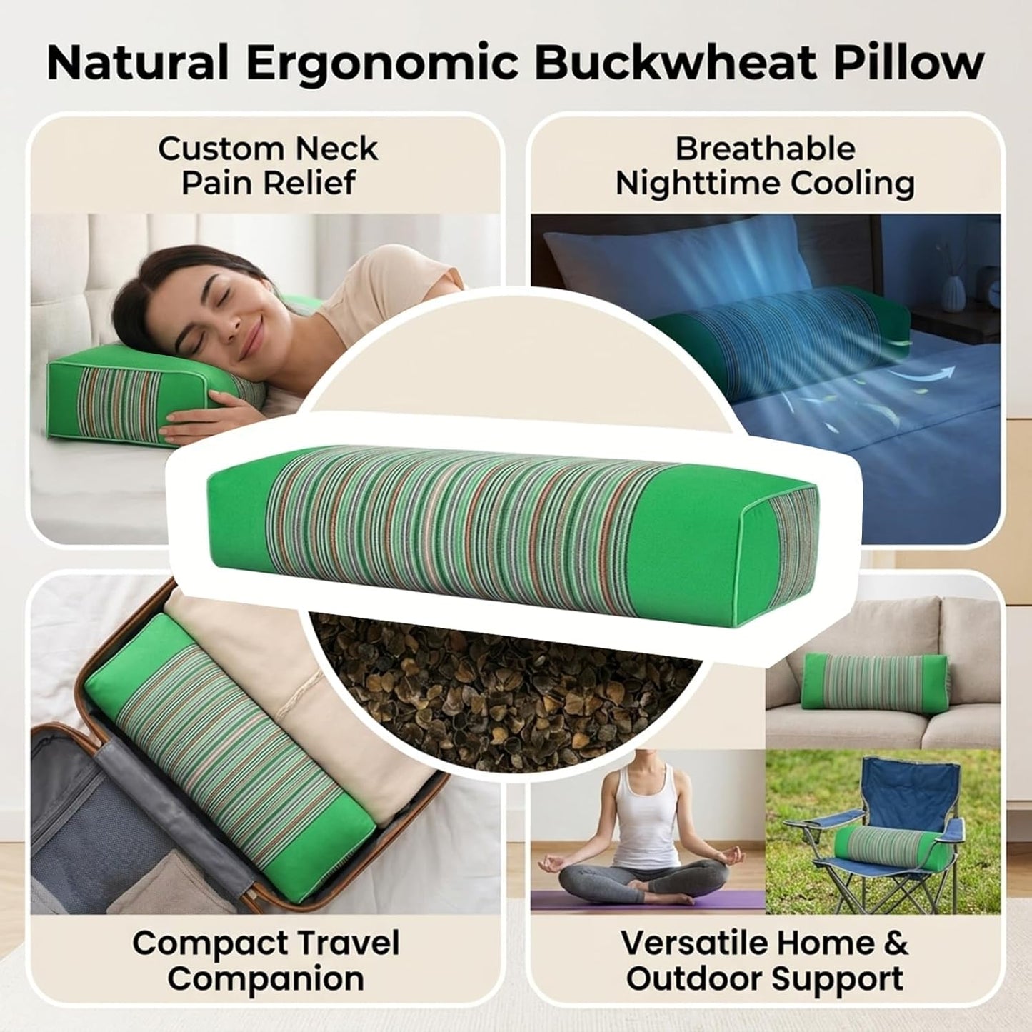 Adjustable Buckwheat Hull Pillow for Neck Pain Relief (21x8x4in) Natural Cooling Cervical Support Organic Pillow for Side & Back Sleepers with Night Sweats (Grey)