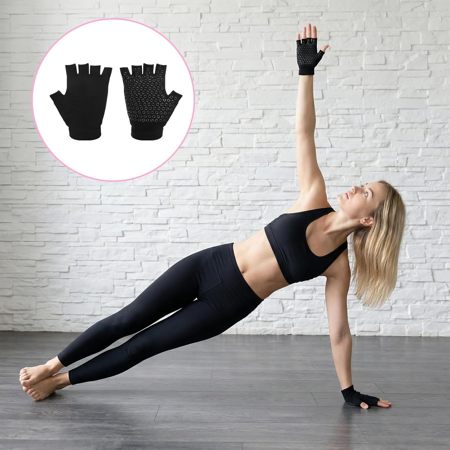 2 Pairs Non Slip Yoga Gloves for Women, Fingerless Pilates Gloves with Grips, Silicone Non Slip Grips for Workout Fitness Exercise (Black and Pink)