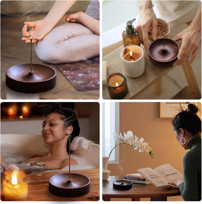 Incense Holder,Black Walnut Hand - Crafted Round Burner for Sticks with Ash Catcher,Perfect for Relaxation at Home, Yoga,Spa & as a Gift(3.5 * 3.5in)