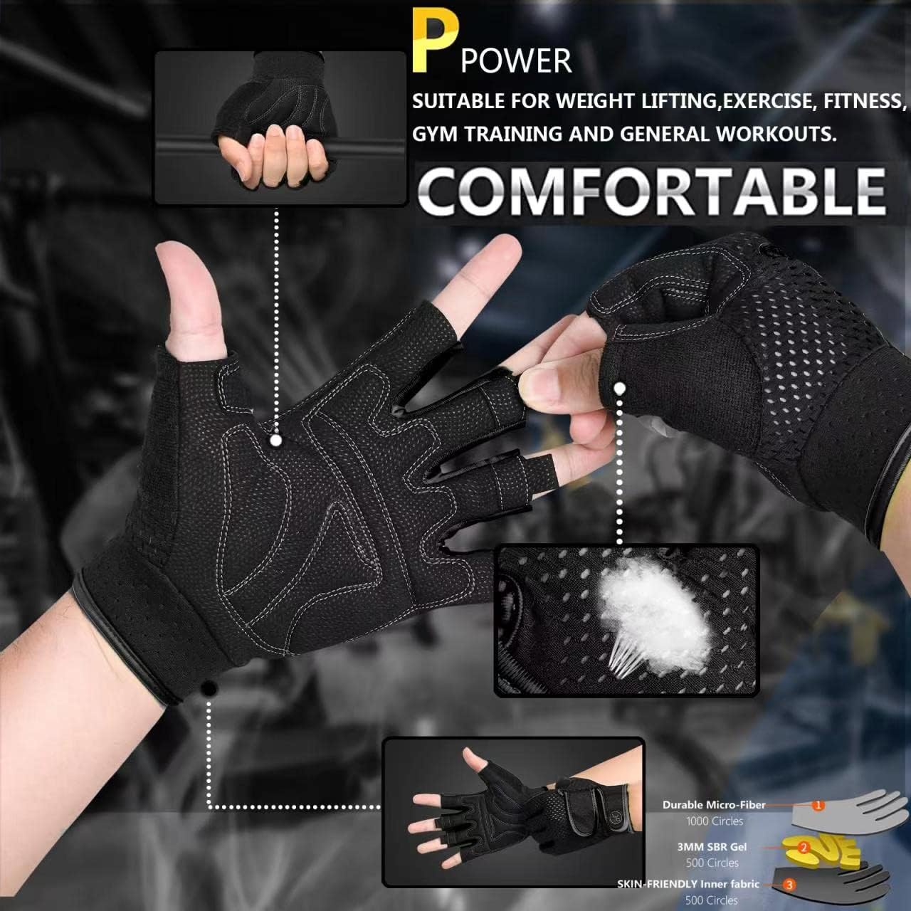 MOREOK Workout Gloves Padded Weight Lifting Gloves for Men/Women, [3MM Gel] Fingerless Grip Gym Gloves Fitness Gloves for Exercise,Hanging,Weightlifting, Cycling, Pull ups, Rowing