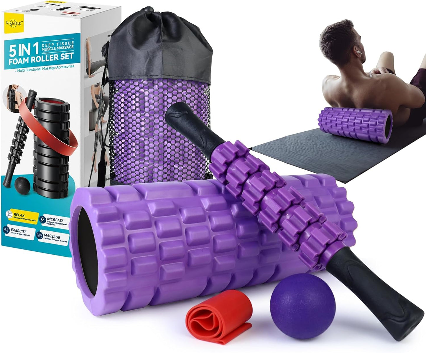 Krightlink 5-in-1 Foam Roller Set - Deep Tissue Muscle Recovery Kit with High Density Exercise Roller, Massage Ball, Resistance Band & Carry Bag for Physical Therapy & Pain Relief (Black)