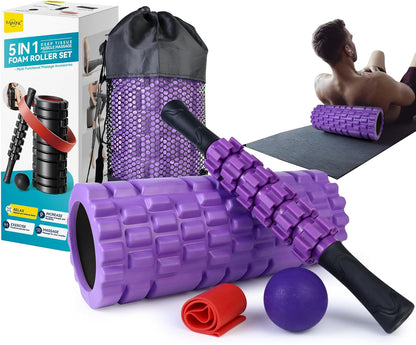 Krightlink 5-in-1 Foam Roller Set - Deep Tissue Muscle Recovery Kit with High Density Exercise Roller, Massage Ball, Resistance Band & Carry Bag for Physical Therapy & Pain Relief (Black)