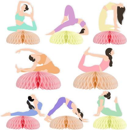 8 Pieces Yoga Honeycomb Centerpieces, Meditation Party Decorations for Adults Teens, Double Sided Yoga Theme Table Toppers for Birthday Baby Shower Sports Fitness Party Supplies