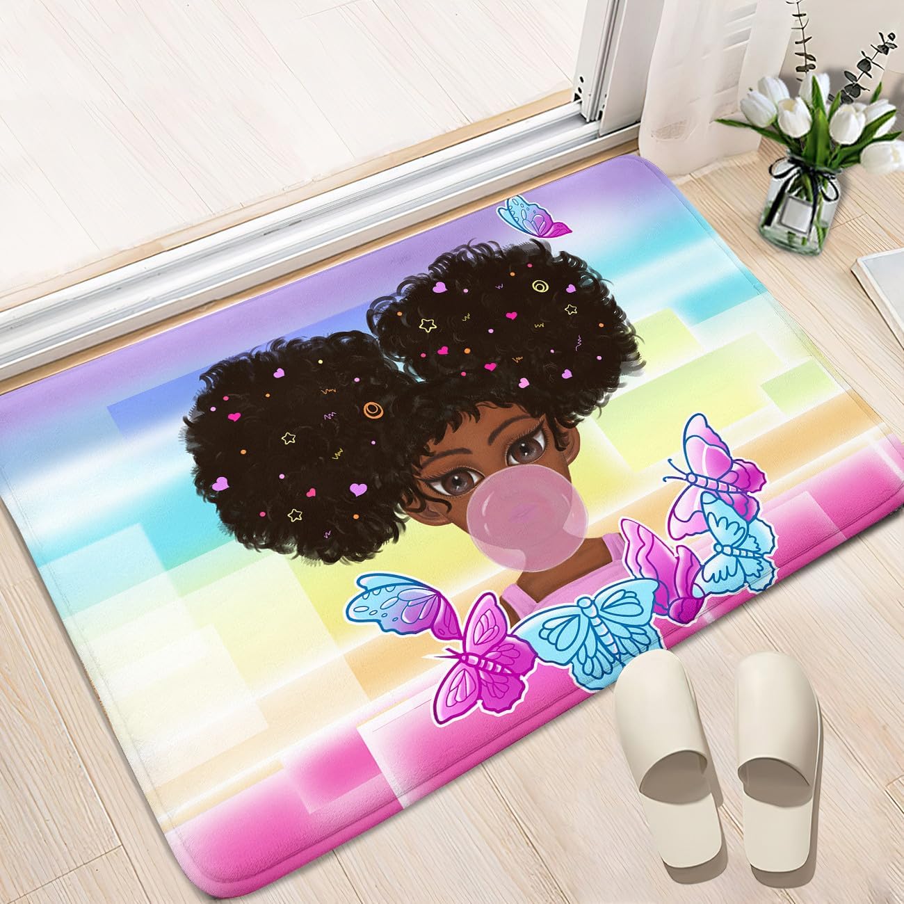 Black Girl Area Rug for Bedroom African Black Girls Floor Rugs for Living Room Playroom Cartoon Art Home Decor Soft Yoga Mats for Women Afro Purple 47" x 31" (2.7 x 3 Feet)