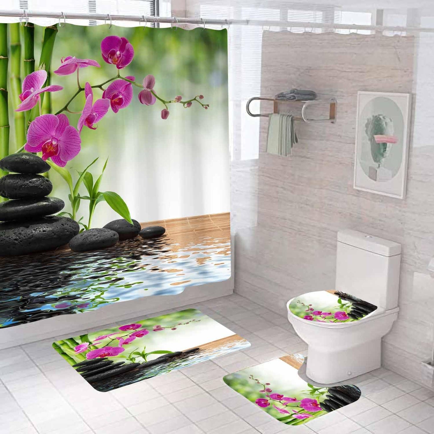 4PCS Spa Zen Shower Curtain Sets with Rugs, White Shower Curtain, Pink Floral Orchid Lotus Water Lily Stone Bamboo Water Reflection Yoga Massage Relaxing Spiritual Meditation Bathroom Decor
