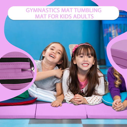 Gymnastics Mat for Tumbling, Folding Tumbling Mat Exercise Mat Gym Mat Tumbling Mats for Kids, Adults, PU Leather Yoga Mat with Carrying Handles