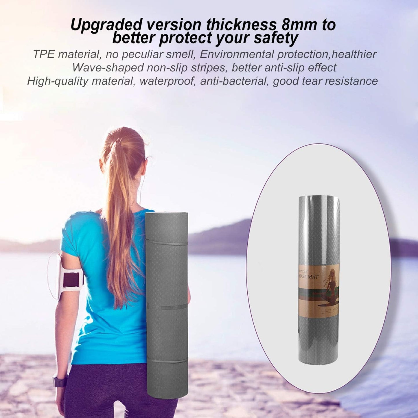 Yoga Mat 1/3" (8mm) Thick Non-Slip, Women Men Fitness & Exercise Mat, 72"Lx24"W Eco-Friendly TPE Workout Mat with Carrying Strap for Yoga, Pilates, Home Gym, Floor Exercises