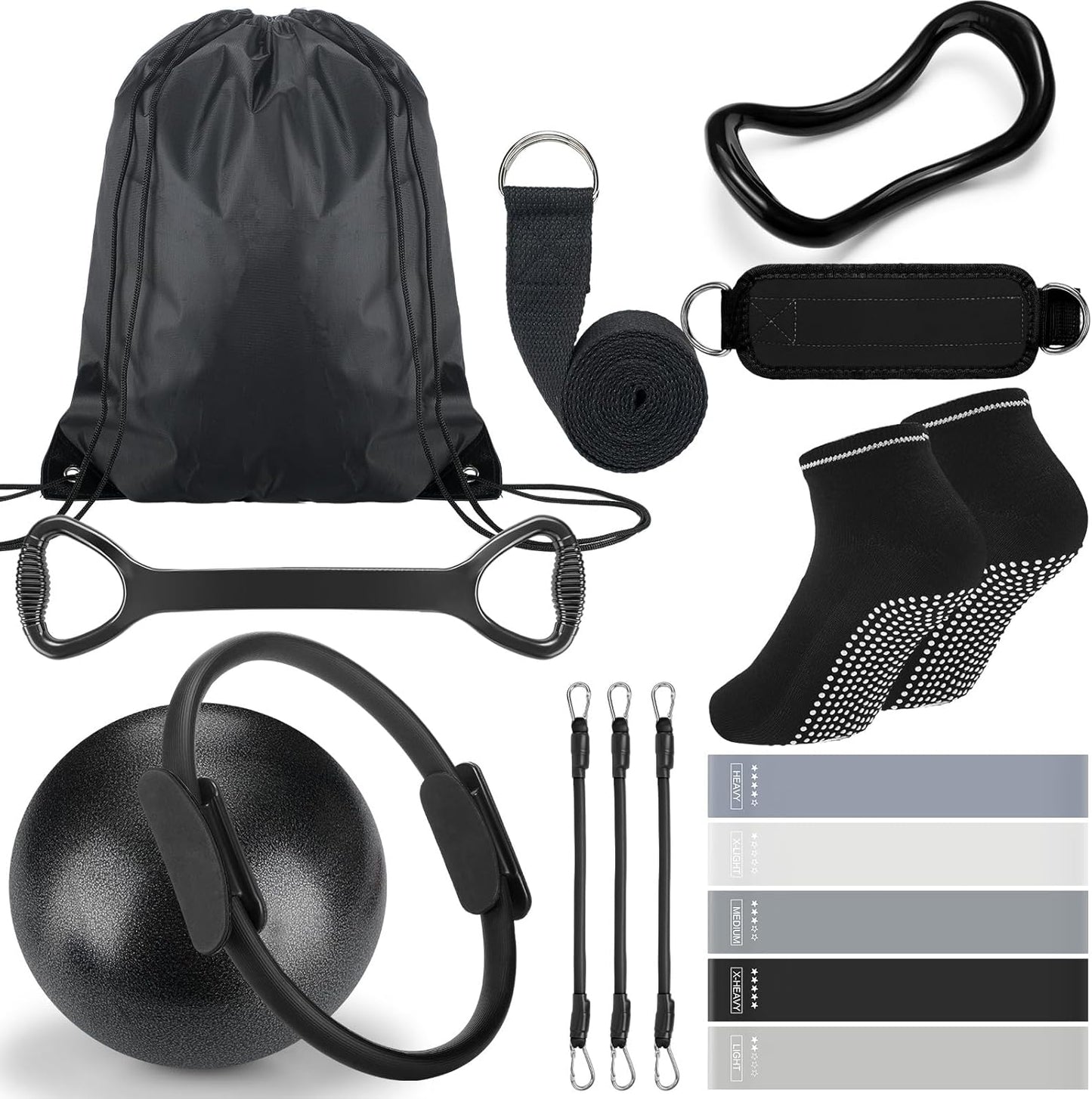 RoundFunny Pilates Ring Circle Set 18 Pcs Exercise Equipment Accessories for Women Workouts Pilates Ball Stretching Strap Magic Circle Yoga Ring Gym Back Bag Resistance Band Anti Slip Socks