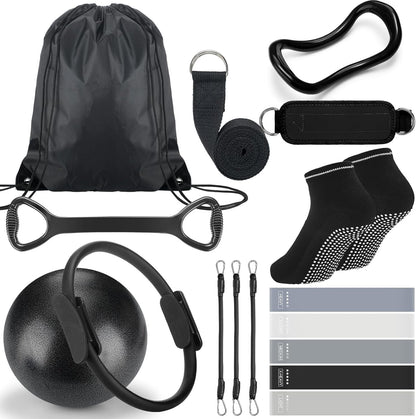 RoundFunny Pilates Ring Circle Set 18 Pcs Exercise Equipment Accessories for Women Workouts Pilates Ball Stretching Strap Magic Circle Yoga Ring Gym Back Bag Resistance Band Anti Slip Socks