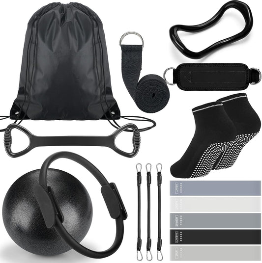 RoundFunny Pilates Ring Circle Set 18 Pcs Exercise Equipment Accessories for Women Workouts Pilates Ball Stretching Strap Magic Circle Yoga Ring Gym Back Bag Resistance Band Anti Slip Socks