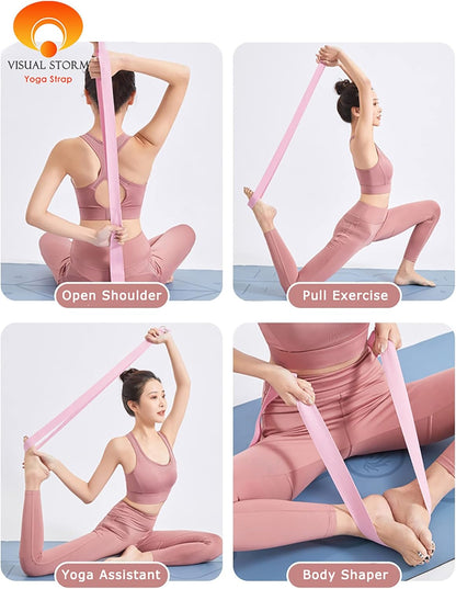 8ft Pink Thick Women Yoga Strap with Metal Loop with Bag Set, Nylon Cotton Durable Fitness Yoga Stretch Belt with Buckle As Physcial Therapy Bands Workout Adjustable D-Ring Buckle Gym Tools Rope Props