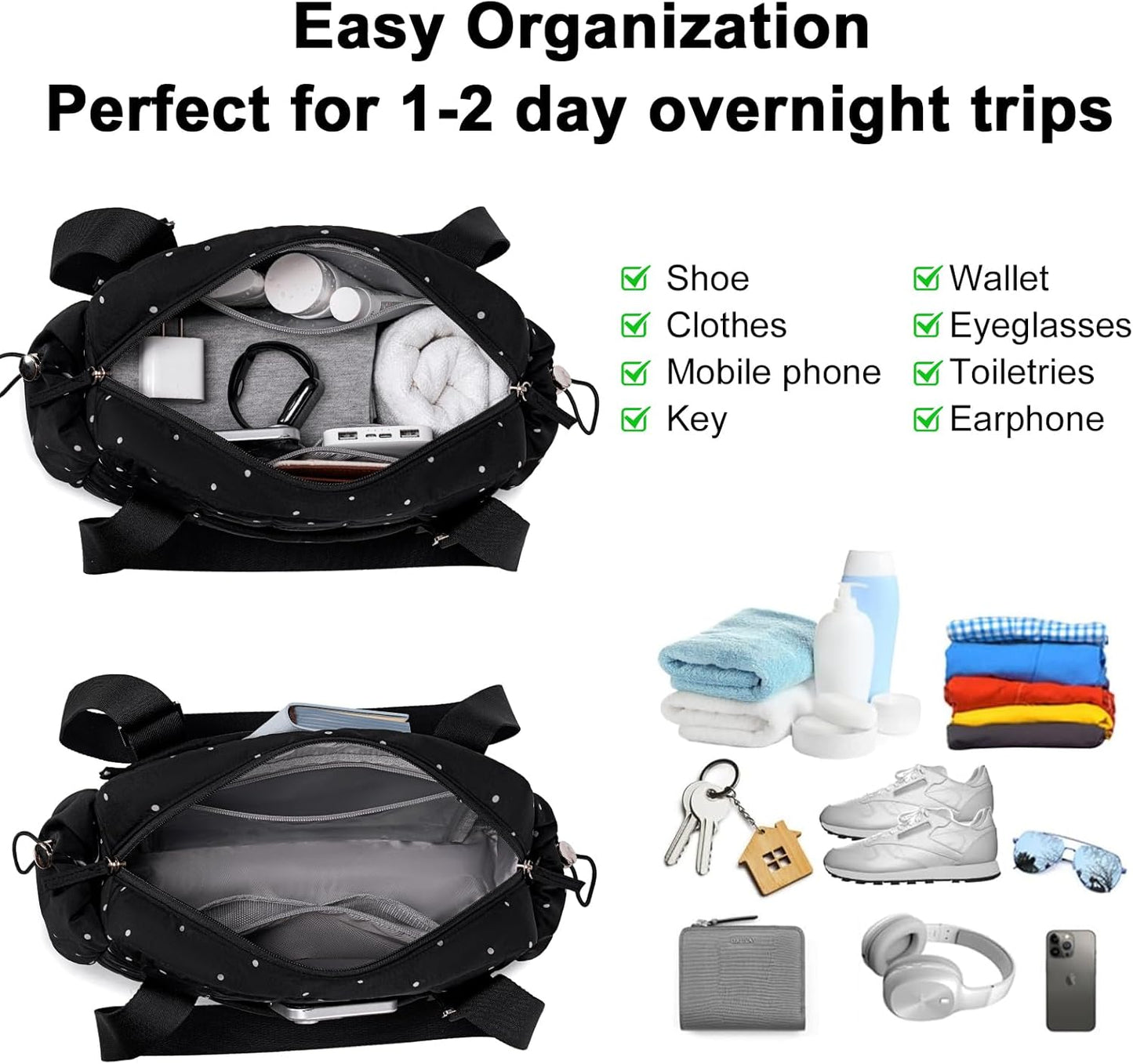 CAMTOP Mini Gym Bag for Women, Small Gym Tote Bag Puffy Quilted Sports Duffel Bag with Wet Compartment and Coin Purse Duffel Bags Dance Yoga Workout Bag for Gifts (All Black, Mini-12.6")