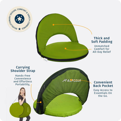 Alpcour Folding Stadium Seat – Deluxe Outdoor Camping Reclining Waterproof Cushion Chair for Bleachers – Best 6-Position Back Support Picnic Bleacher Seats w/Extra Thick Padding for Support & Comfort