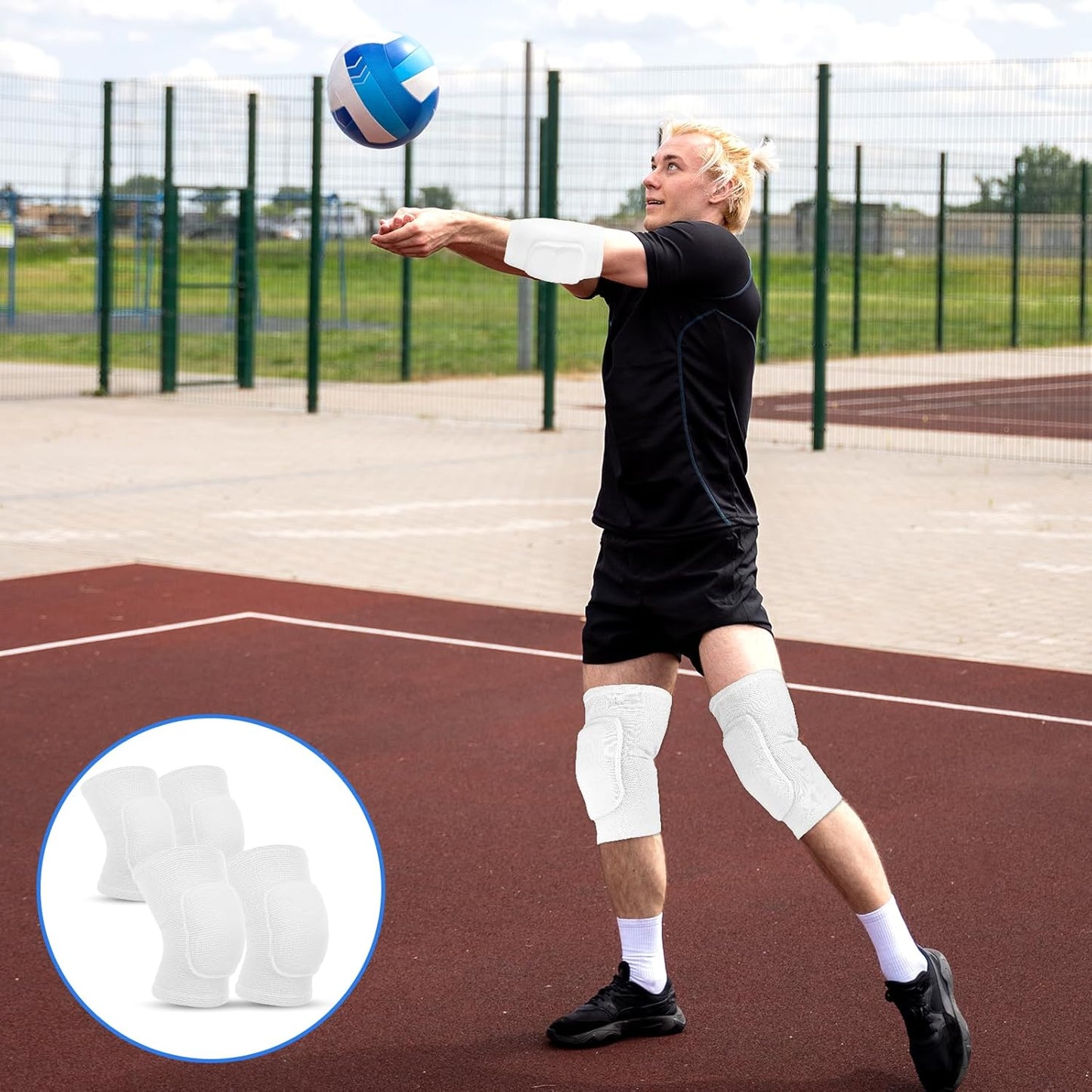 Volleyball Knee Pads and Elbow Brace Pads Set, Compression Breathable Arm and Knee Protection Sleeves with Soft Support Cushion for Men and Women Yoga Dance Football Basketball Running (Black)