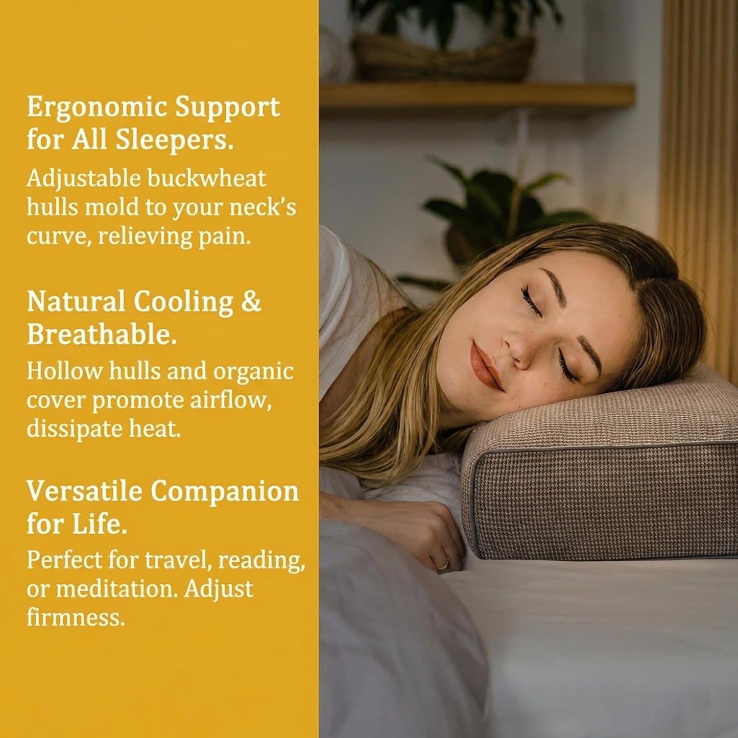 Adjustable Buckwheat Hull Pillow for Neck Pain Relief (21x8x4in) Natural Cooling Cervical Support Organic Pillow for Side & Back Sleepers with Night Sweats (Grey)